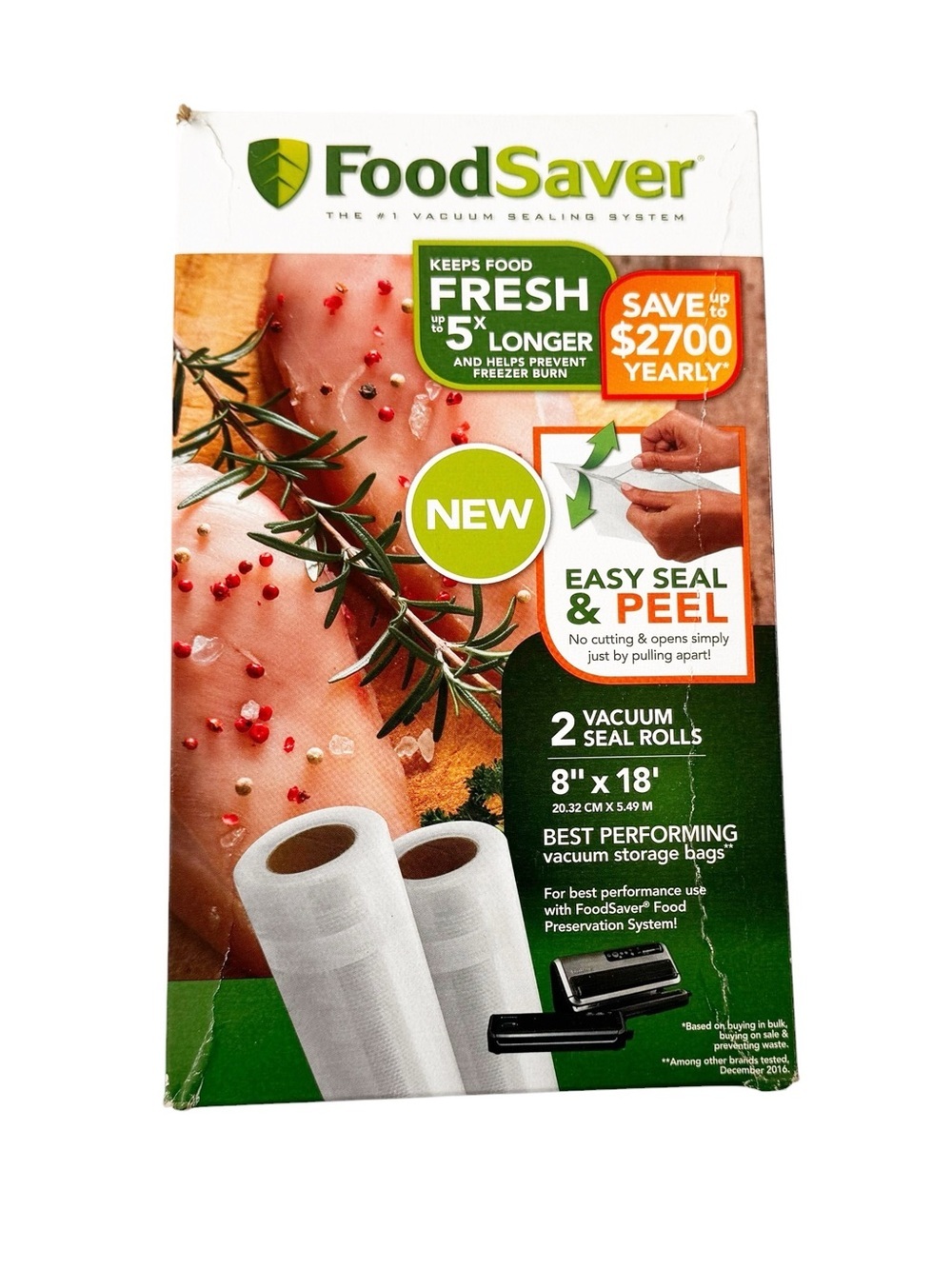 NWT FoodSaver Easy Seal & Peel 18’ X 8” 
Vacuum Sealer Bag Rolls, 2-Count